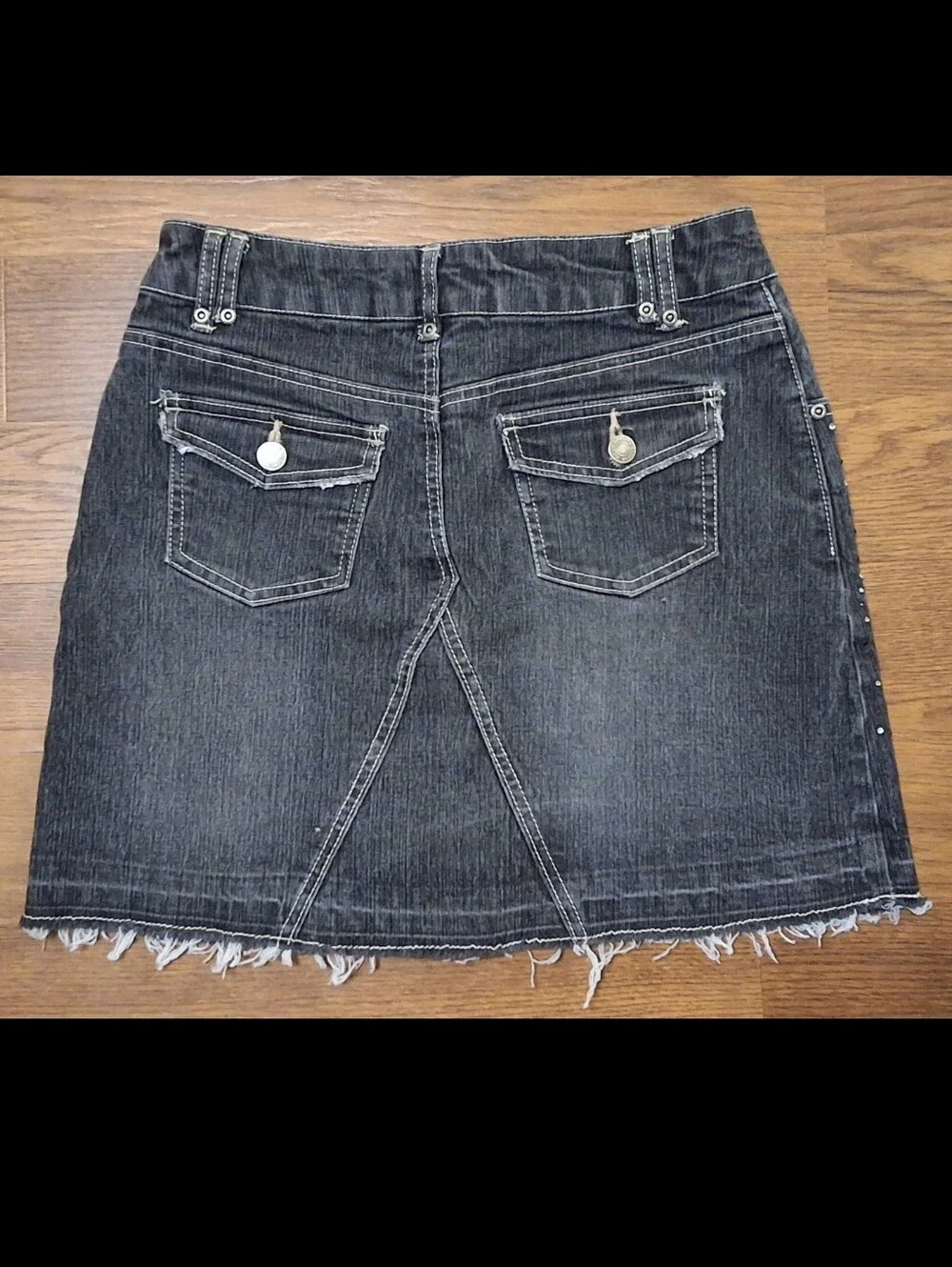 Vintage Y2K Route 66 Denim Skirt Raw Hem Pink & White Rhinestones Girls Size 16